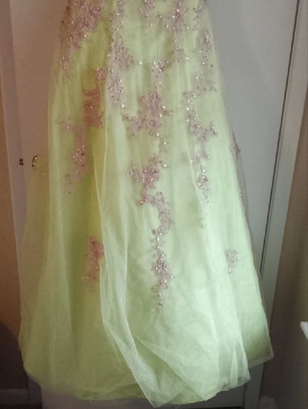 Strapless Yellow Ball Gown with Pink Embellishment - Picture 3 of 7